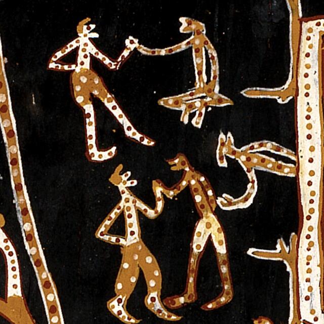 Bark painted with coloured ochres showing figures meeting