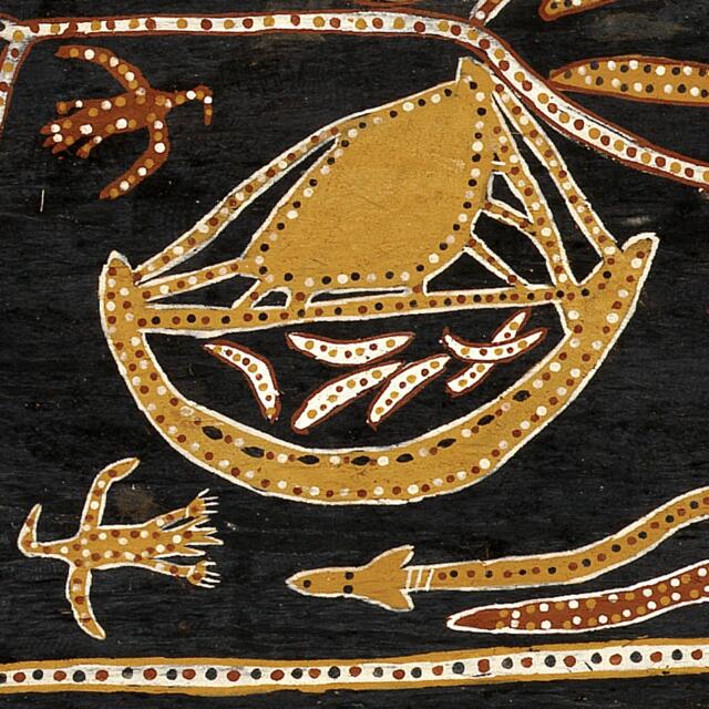 Bark painted with coloured ochres showing a boat with sea cucumbers