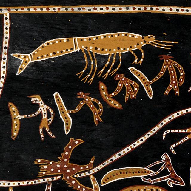 Bark painted with coloured ochres showing a shrimp and figures with long sea cucumbers