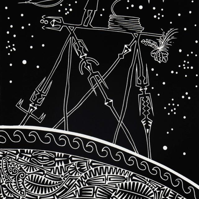 An artwork showing a hunter amongst the stars of the Torres Strait Islands and a dugong swimming in the ocean below 