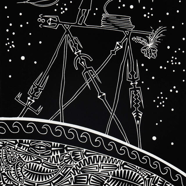 An artwork showing a hunter amongst the stars of the Torres Strait Islands and a dugong swimming in the ocean below