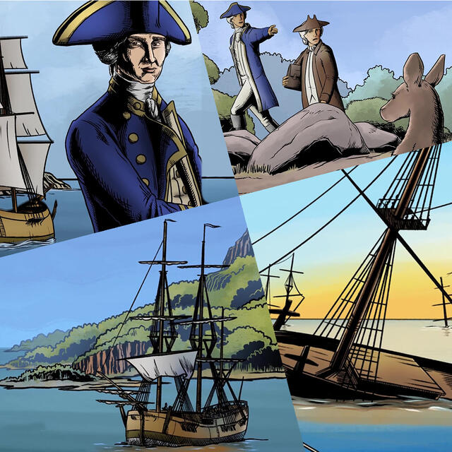 Illustrations of Captain cook and tall ship Endeavour