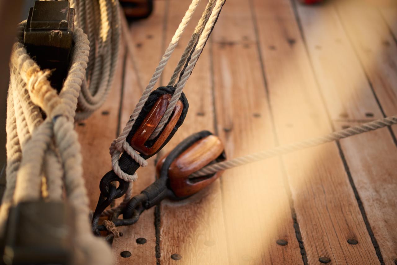 wooden ship deck, ropes and pulleys