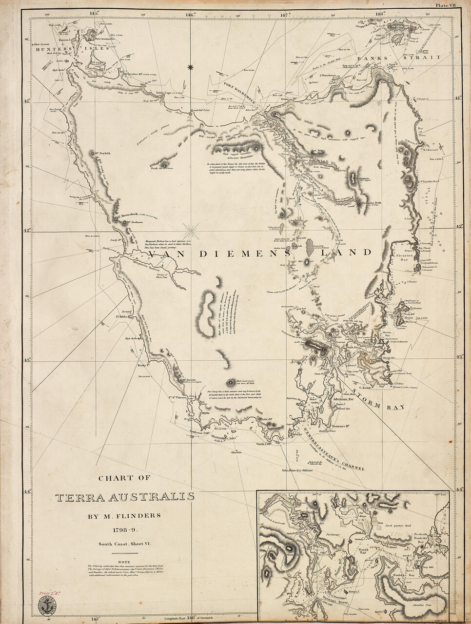 Map showing the island of Tasmania, printed in black ink on cream paper.  